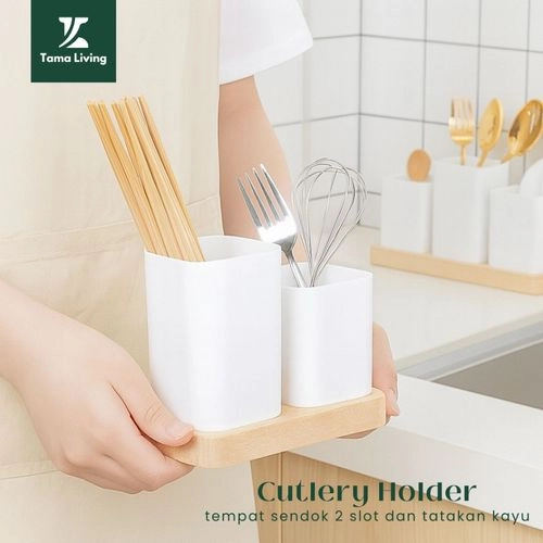 TAMA LIVING Tempat Sendok Garpu 2 Slot & Tatakan Kayu Minimalis Rak Dapur Rak Sendok Cutlery Holder